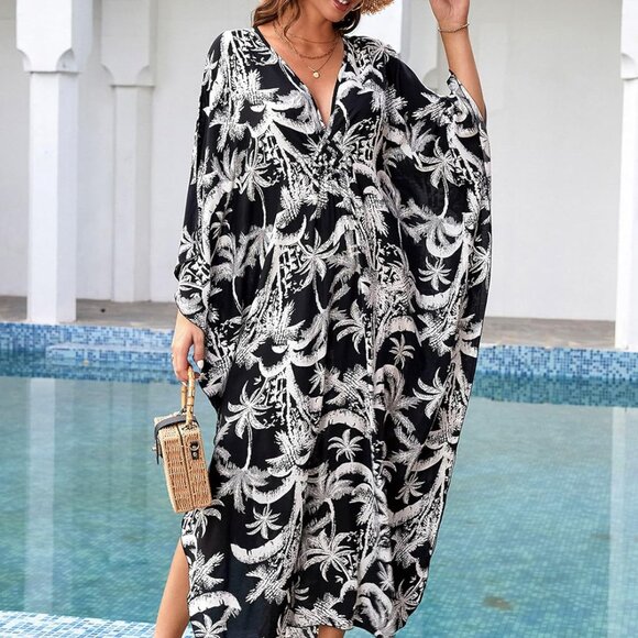 Plus Size Viscose Kaftan Dress Beach Cover Up V-Neck Batwing Sleeves - Picture 2 of 7